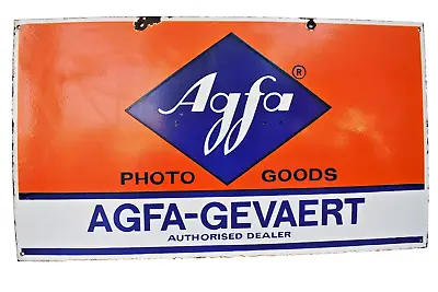 Vintage Porcelain Enamel Sign Agfa Photo Goods Gevaert Double Side Advertising   • $393.56