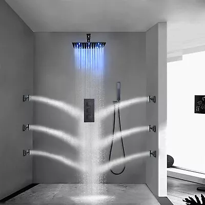 Black 16  LED Rain Shower Faucet Set Thermostatic Valve Massage System Combo Kit • $189