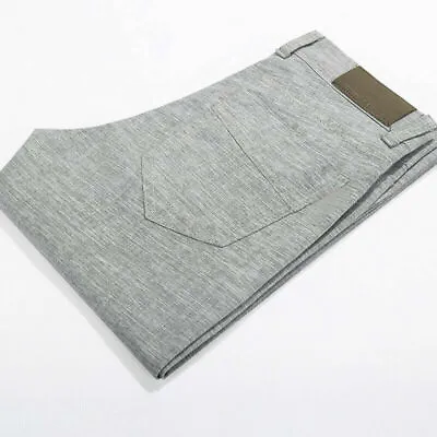 Summer Mens Linen Elastic Straight Leg Casual Trousers Pants Thin Slim Long Grey • £22.64