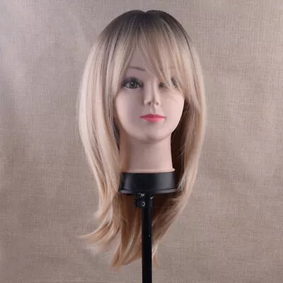 Long Dark Brown Root Ombre Highlights Blonde Gold Wigs With Bangs For Women Hot • £21.16