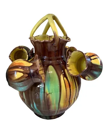 Vintage Mexican Handmade Dripware Glazed Pottery Sangria Vessel 4 Cups On Hooks • $145