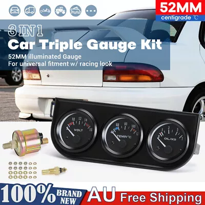 Car 52mm Electronic Triple Gauge Kit Oil Pressure + Water + Tem +Voltmeter Meter • $29.99