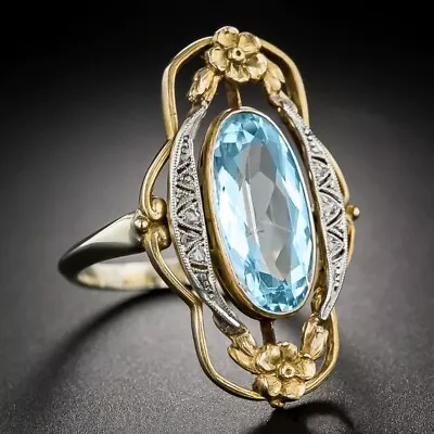 Women's Ring Antique Vintage Art Deco Nouveau Aquamarine Lab-Created Cocktail • $18.50