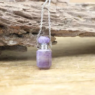 Mini Rectangle Amethysts Crystal Essential Oil Vial Pendants W/Silver Chain • $8