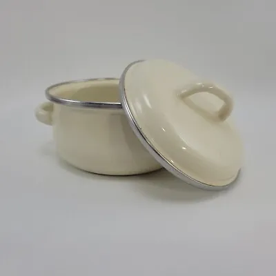 Megaware Mini Cooking Pot .5 Quart With Lid Ivory Made In Spain Enamelware • $14.95