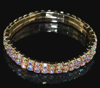 Crystal Aurora Borealis AB Rhinestone Bracelet 2 Row Stretch Gold Jewelry • $14.99