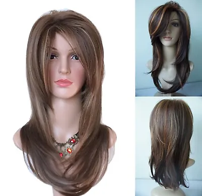 23.5  Long Layered Light Brown With Blonde Wig Highlight Synthetic Curly Hair US • $13.15