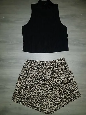 £10.99 • Buy H&m Black Brown Leopard Print High Waisted Shorts XS 8 10 Crop Top Outfit 