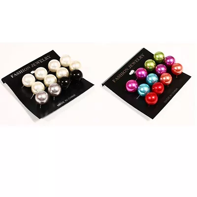 Set Pack Of 6 Pair BIG Faux Pearl Ball Bead Stud Post Earrings 15mm Whitemulti • $2.99