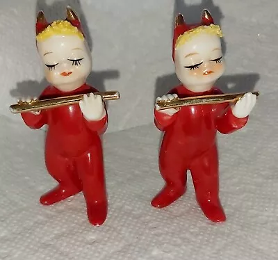 2 Vintage Lefton Devil Ceramic Figurine Red Pixie Elf Band Musicians Japan Flute • $45