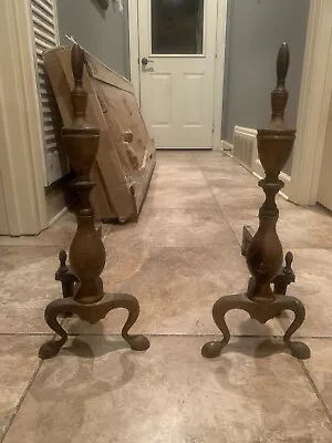 VTG MCM Pair Of Fireplace Andirons  Brass / Cast Iron 21” • $9.99