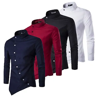 £8.09 • Buy Mens Plain Long Sleeve Shirts High Collar Buttons Irregular Casual Tops T-Shirt