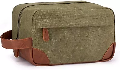 Water Resistant Leather Canvas Shaving Bag Hanging Dopp Kit Toiletry Bag - Green • $39.90