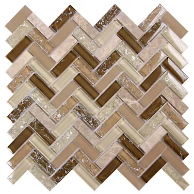 Mosaic Herringbone Tile Archery Glass & Carrara Marble Kitchen Backsplash Beige • $35.59