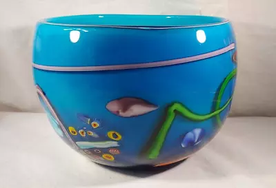 Blue Studio Art Glass Bowl Abstract Multi-Color Millefiori & Swirls • $38.95