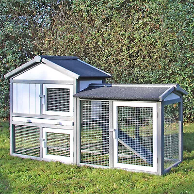 Rabbit Hutch Guinea Pig House With Run Large 2 Tier Outdoor Cage Grey White • £129.99