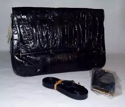 Women's Genuine Vintage EEL Skin Blue Clutch Strap Hand Bag Coin Purse Fold Over • $16.52