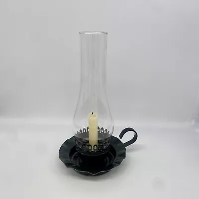 VTG Rustic Metal Chamberstick Candle Holder Glass Hurricane Shade Grandmacore • $29.50