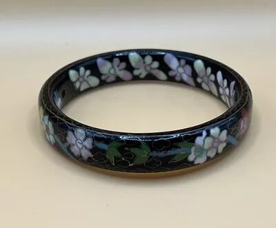 Wide Vintage Blue Floral Chinese Cloisonne Enamel Hinged Bracelet Bangle • $20.40