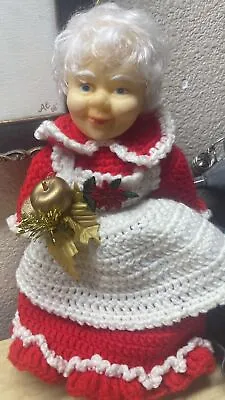 Vintage Christmas Crochet Mrs. Claus Doll Plastic Parts Kitschy Whimsy 13” Tall • $12.85