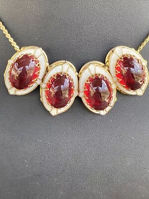 VTG Red Glass Cabochon & Enamel Beaded Costume Jewelry Necklace • $0.99