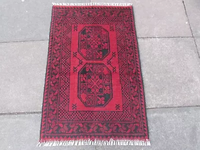 Vintage Traditional Hand Made Afghan Oriental Wool Rich Red Small Rug 117x76cm • £115