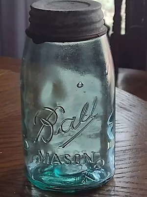 VINTAGE 1910 Era Quart Size Blue Aqua~BALL MASON SHOULDER SEAL JAR ~ Lg. Bubbles • $9.99