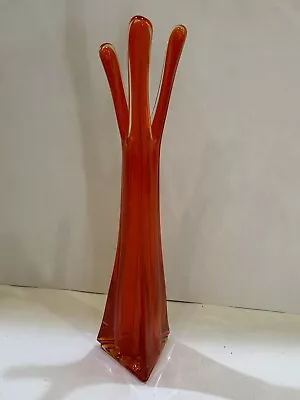 Viking Glass Triangle Base Swung Vase 3 Finger Orange Persimmon Vase 12.5” • $200