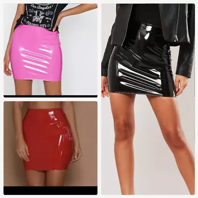 Womens Ladies Vinyl Pvc Shiny Wet Look Party Mini Bodycon Pencil Skirt 8-18 • $9.88