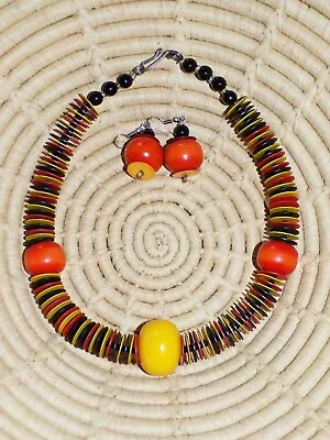 African Resin & Heishi Choker & Earrings Set Jnha2 • $15.97