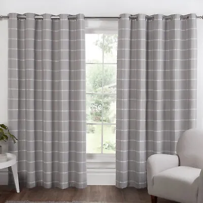 Luxury Check Printed Curtains Pair Eyelet Ready Made Ring Top Window Curtains • £29.99