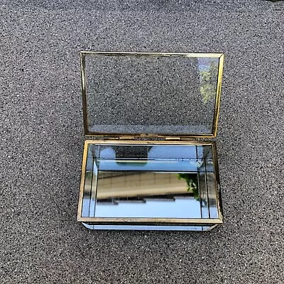 VINTAGE BEVELED GLASS BOX BRASS Rectangle Mirrored Jewelry Trinket Display • $22.89
