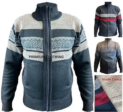 Mens THICK Fleece LINED Mens Cardigan Funnel Collar Zip Up Knitted Jumper Jacket • £12.99