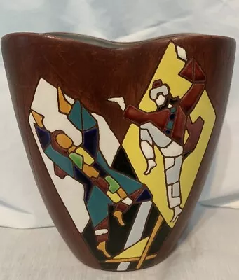 Vintage Keramos Pottery Israel Mosaic Vase TerracottaDancers Hand Painted. • $45