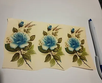 Vintage Water Transfer Ceramic Decals 3 Blue Roses Flowers. • $4