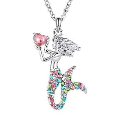 Mermaid Pendant Necklace Rhinestone Pink Exquisite Chain Trendy Jewelry Gift NEW • $9.50
