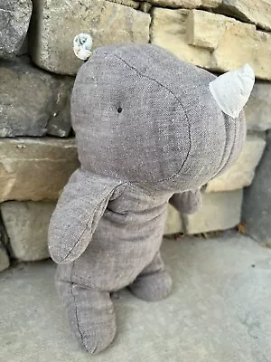 Maileg Rhinoceros Rhino Plush Animal 12  H Linen Gray Fabric Floral Ears Lovey • $35