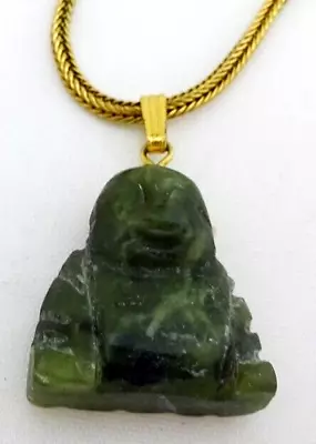 Vintage Carved Green Jade Buddha Pendant With A 15  Snake Chain Necklace • $29.50