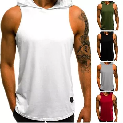 Mens Gym Pullover Vest Sleeveless Casual Hoodie Hooded Tank Tops Muscle T-Shirt • £10.33