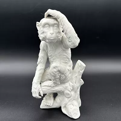 Vintage White Monkey Statue Figurine - Porcelain Bisque Matte Sit Branch B 8.5  • $59.95