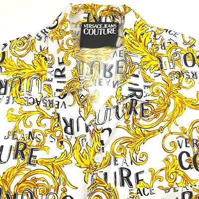 Versace Jeans Couture White & Gold Logo Print Short Sleeve Shirt Mens Size Small • $149.96