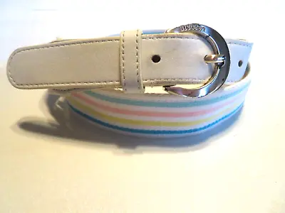 Lacoste Izod Cotton Surcingle Cotton Belt  Leather Belt White Striped S/M  86 • £16.53