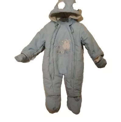 3-6 Mth Bear Snowsuit Boys Girls Blue Teddy  All In One Coat With Feet • £6.99