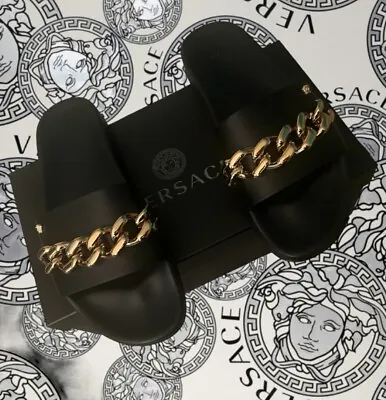 Versace Men's Black & Gold Leather Sandals Flip Flops Shoes • $200