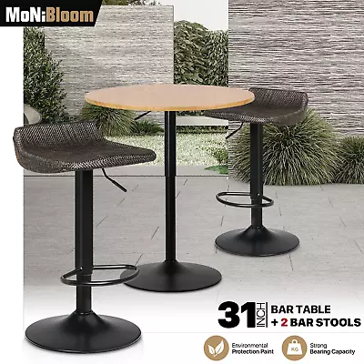 3 Piece Pub Table Set Wicker Bar Stools Wooden Tabletop Adjustable Height Chair • $212.99