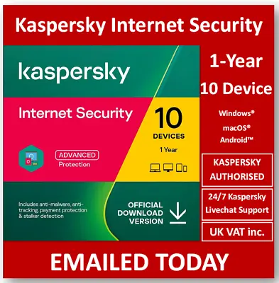 £18.99 • Buy Kaspersky Internet Security 2022 10 Devices (1 Year) EMAILED TODAY UK VAT Inc