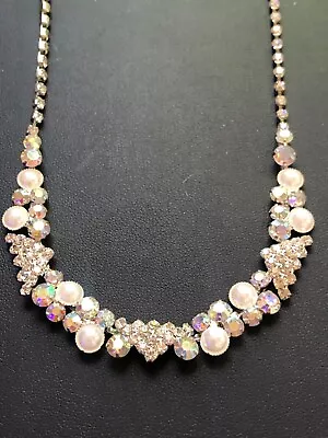 Signed Gorgeous Estate Aurora Borealis Faux Pearl Rhinestone Vintage Necklace • $13