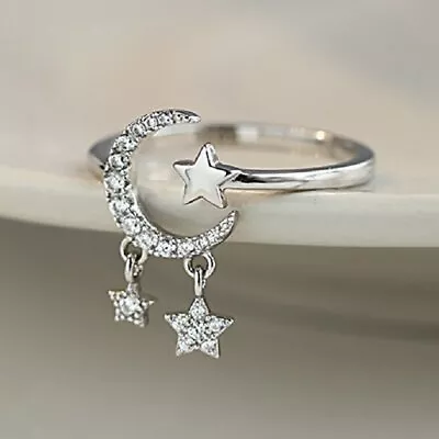 Silver Plated Moon&Star Tassesl Knuckle Ring Open Zircon Ring Women Adjustable • $1.30