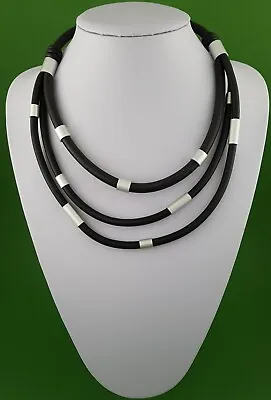 Lagenlook Style Multi Row Black Rubber Matt Silver Tubes Contemporary Necklace   • £9.99
