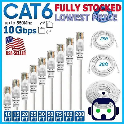 CAT6 Patch Network Cable Rj45 Ethernet 6ft 10ft 25ft 50ft 100ft 200ft Lot White • $2.75